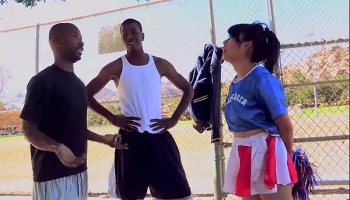 horny young cheerleader may lee has her pussy pounded by two black men